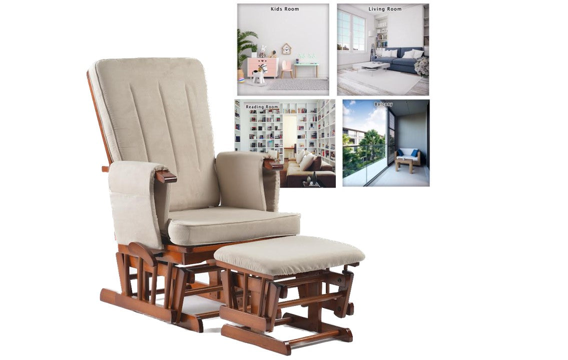 Peekaboo Premium Cushioned Nursing Wooden Glider Chair with Ottoman Natural Brown